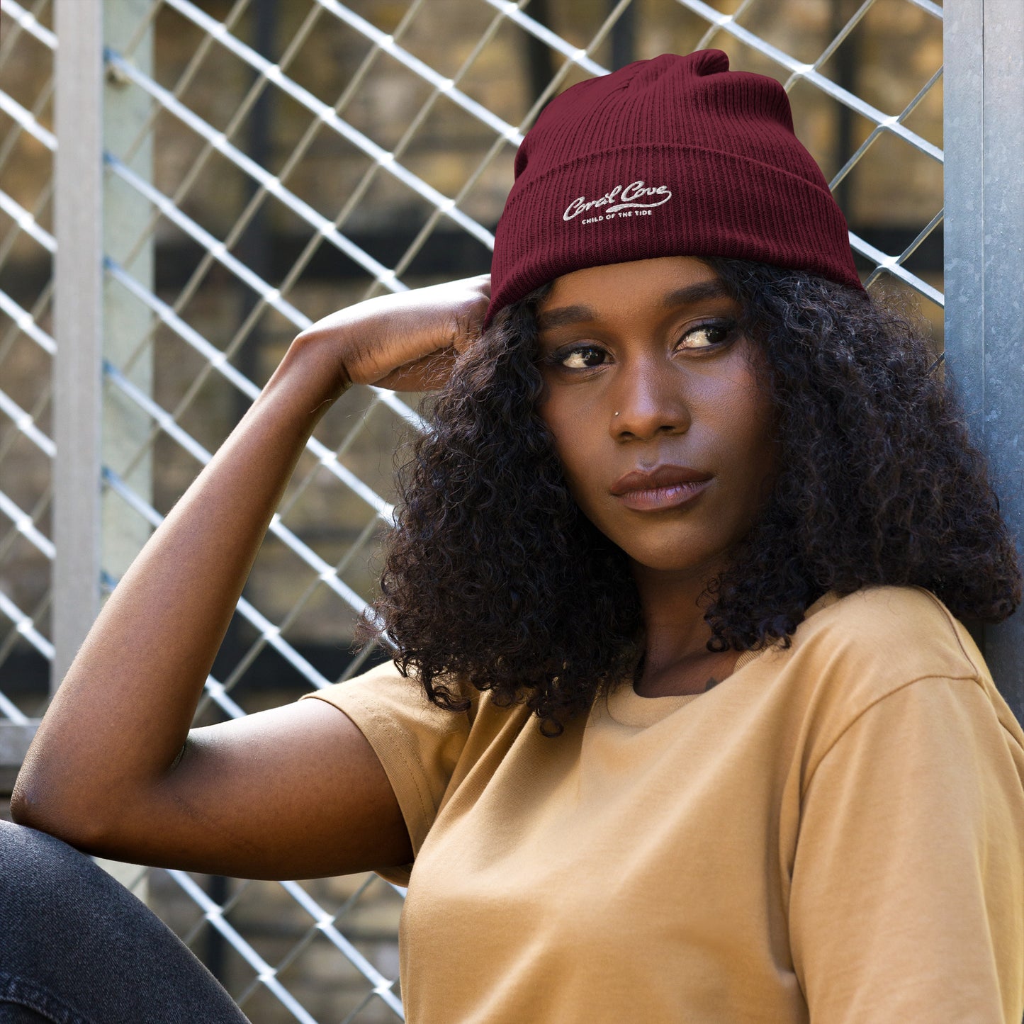 Woman Wearing Organic Tide Beanie