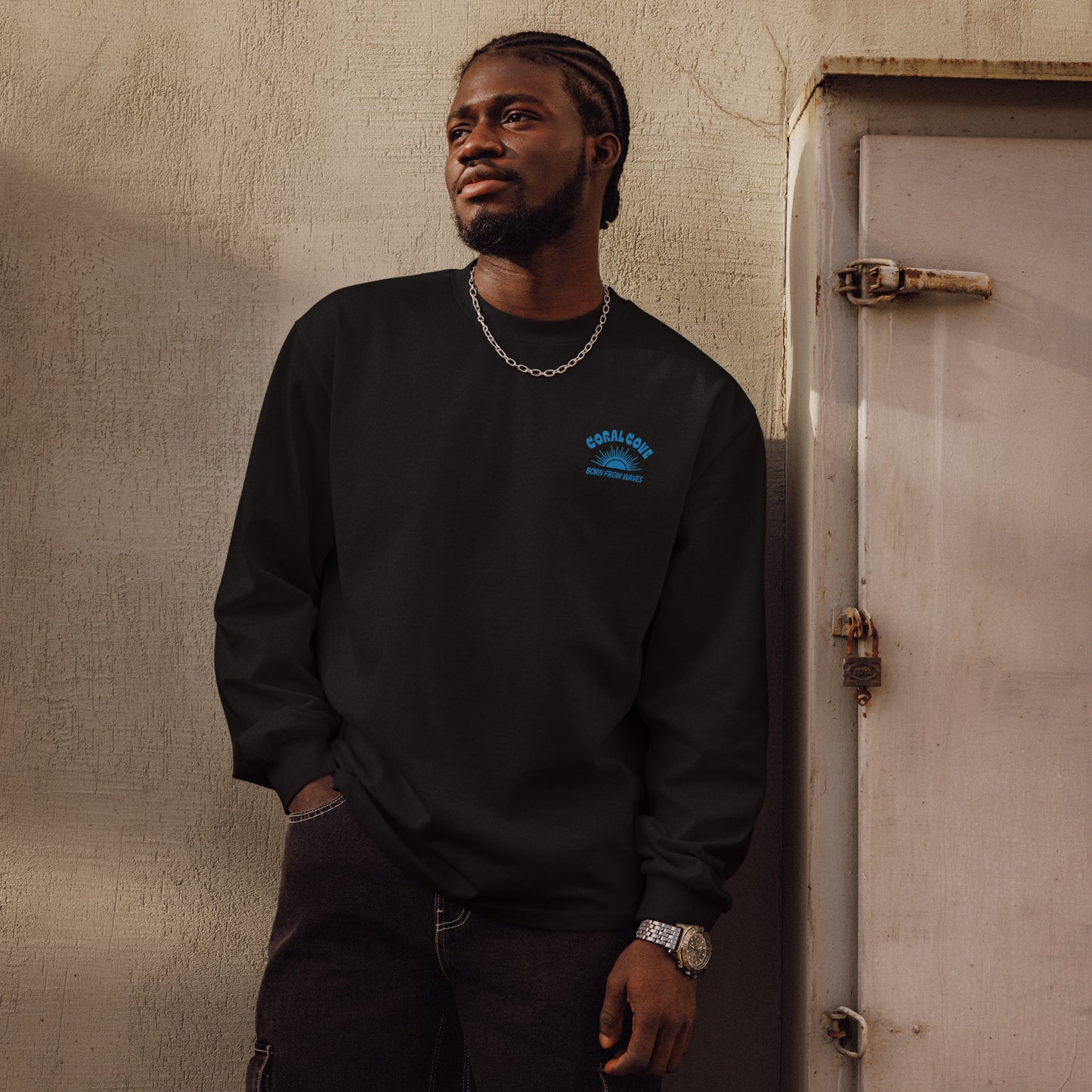 Man Wearing Longsleeve Born from Wave Shirt